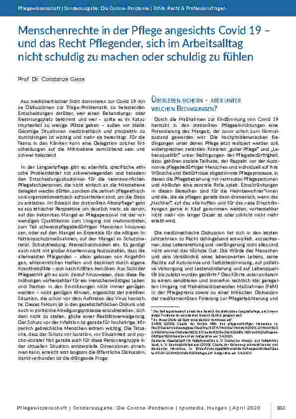 [doc_196804] Menschenrechte in der Pflege angesichts Covid-19 – und das Recht Pflegender, sich im Arbeitsalltag nicht schuldig zu machen oder schuldig zu fühlen