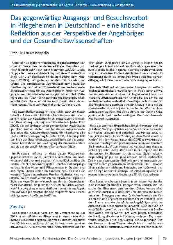 Das gegenwärtige Ausgangsund Besuchsverbot in Pflegeheimen in Deutschland – eine kritische Reflexion aus der Perspektive der Angehörigen und der Gesundheitswissenschaften