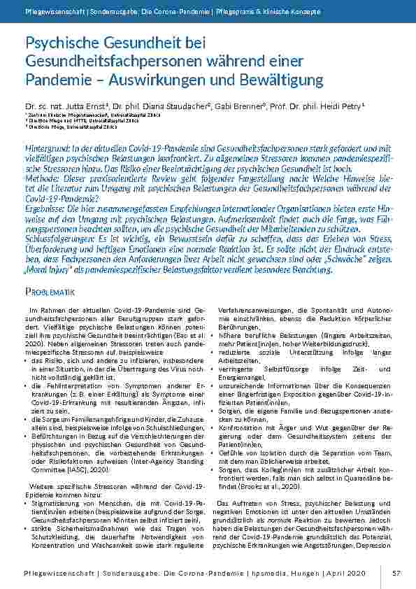 [doc_196790] Psychische Gesundheit bei Gesundheitsfachpersonen während einer Pandemie – Auswirkungen und Bewältigung
