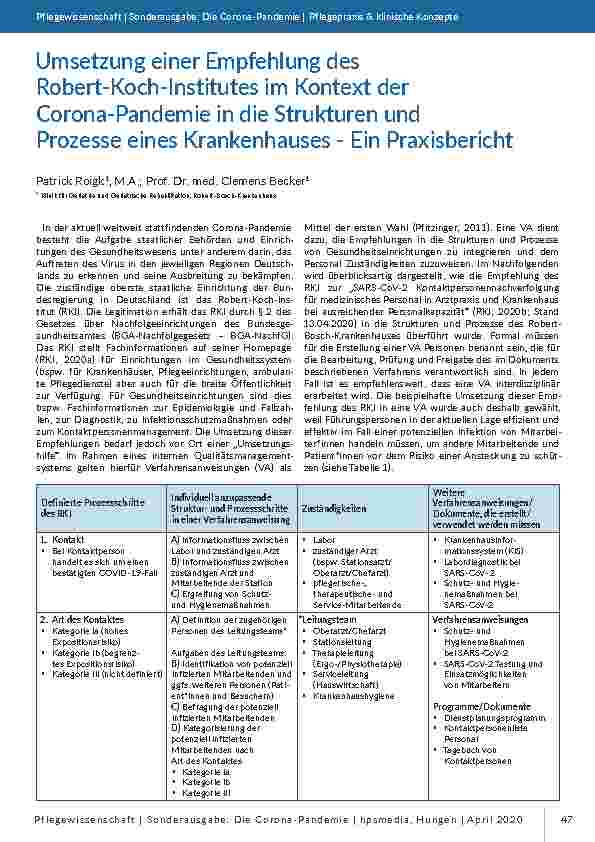 [doc_196786] Umsetzung einer Empfehlung des Robert-Koch-Instituts im Kontext der Corona-Pandemie in die Strukturen und Prozesse eines Krankenhauses - Ein Praxisbericht