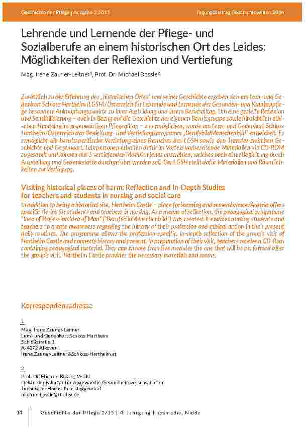 [doc_203075] Lehrende und Lernende der Pflegeund Sozialberufe an einem historischen Ort des Leides: Möglichkeiten der Reflexion und Vertiefung