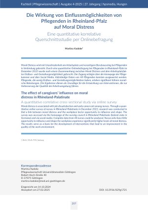 Die Wirkung von Einflussmöglichkeiten von Pflegenden in Rheinland-Pfalz auf Moral Distress Eine quantitative korrelative Querschnittsstudie per Onlinebefragung