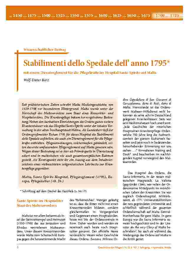 [doc_203059] Stabilimenti dello Spedale dell’ anno 1795* mit einem Dienstreglement für die Pflegekräfte im Hospital Santo Spirito auf Malta