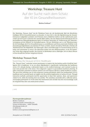 [doc_568656] Workshop: Treasure Hunt Auf der Suche nach dem Schatz der KI im Gesundheitswesen