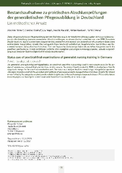 [doc_318503] Bestandsaufnahme zu praktischen Abschlussprüfungen der generalistischen Pflegeausbildung in Deutschland: Ein methodischer Ansatz
