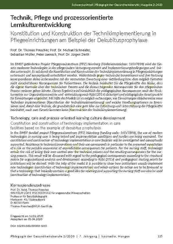 Technik, Pflege und prozessorientierte Lernkulturentwicklung: Konstitution und Konstruktion der Technikimplementierung in Pflegeeinrichtungen am Beispiel der Dekubitusprophylaxe.