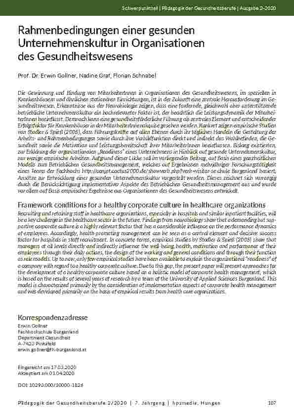 [doc_203785] Rahmenbedingungen einer gesunden Unternehmenskultur in Organisationen des Gesundheitswesens