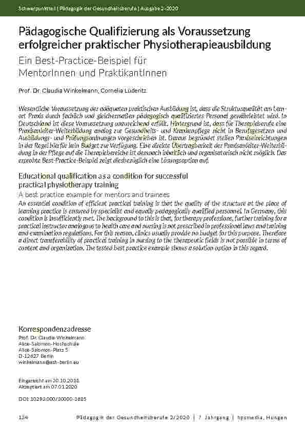 [doc_203470] Pädagogische Qualifizierung als Voraussetzung erfolgreicher praktischer Physiotherapieausbildung: Ein Best-Practice-Beispiel für Mentorinnen und Praktikantinnen.