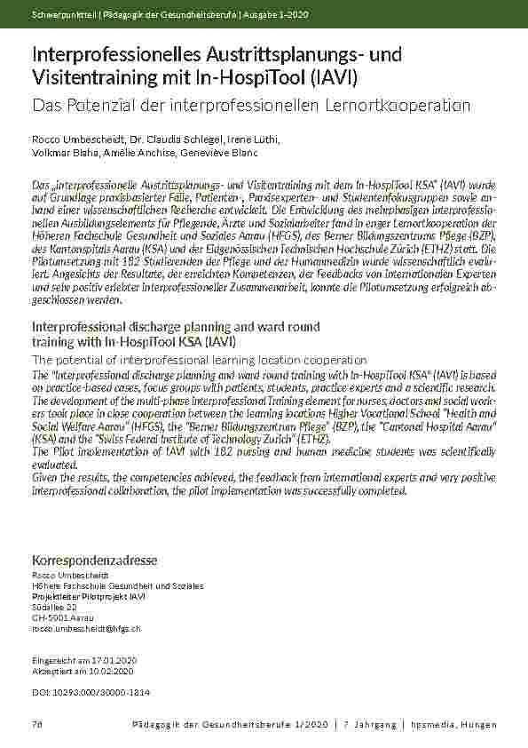 [doc_202148] Interprofessionelles Austrittsplanungsund Visitentraining mit In-HospiTool (IAVI). Das Potenzial der interprofessionellen Lernortkooperation.