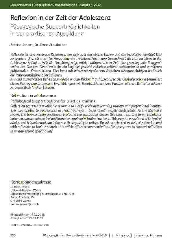 [doc_202139] Reflexion in der Zeit der Adoleszenz. Pädagogische Supportmöglichkeiten in der praktischen Ausbildung