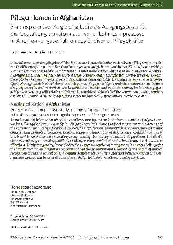 Pflegen lernen in Afghanistan. Eine explorative Vergleichsstudie als Ausgangsbasis für die Gestaltung transformatorischer Lehr-Lernprozesse in Anerkennungsverfahren ausländischer Pflegekräfte