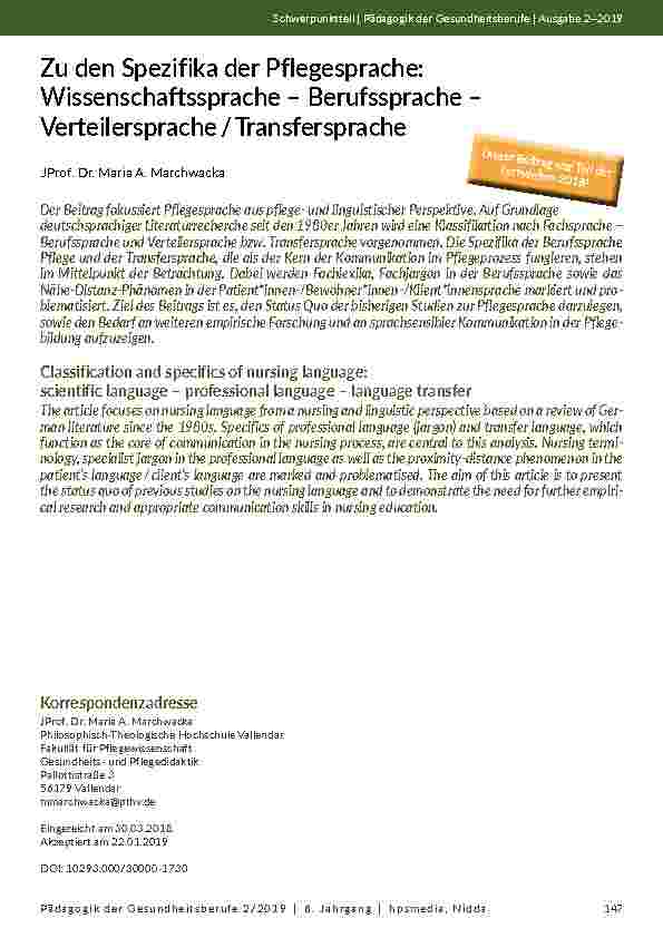 [doc_202113] Zu den Spezifika der Pflegesprache: Wissenschaftssprache – Berufssprache – Verteilersprache? /? Transfersprache