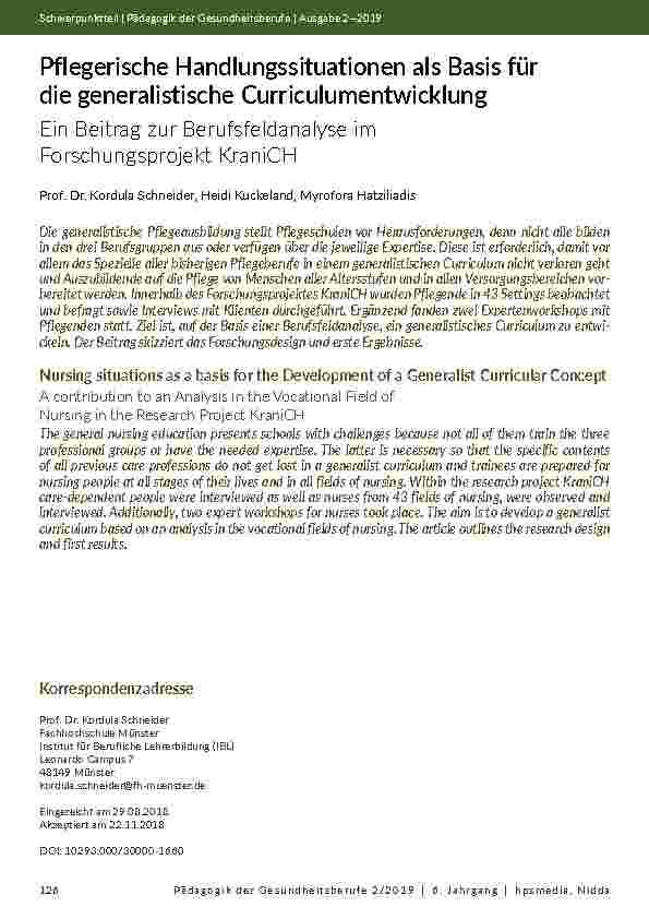 [doc_202111] Pflegerische Handlungssituationen als Basis für die generalistische Curriculumentwicklung. Ein Beitrag zur Berufsfeldanalyse im Forschungsprojekt KraniCH