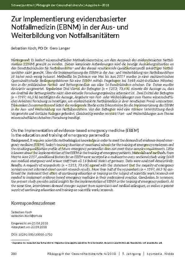 Zur Implementierung evidenzbasierter Notfallmedizin (EBNM) in der Ausund Weiterbildung von Notfallsanitätern
