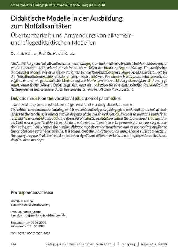 [doc_202086] Didaktische Modelle in der Ausbildung zum Notfallsanitäter: Übertragbarkeit und Anwendung von allgemeinund pflegedidaktischen Modellen