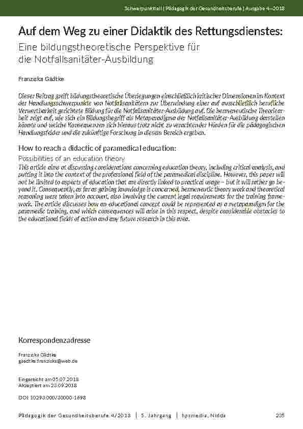 [doc_202085] Auf dem Weg zu einer Didaktik des Rettungsdienstes: Eine bildungstheoretische Perspektive für die Notfallsanitäter-Ausbildung
