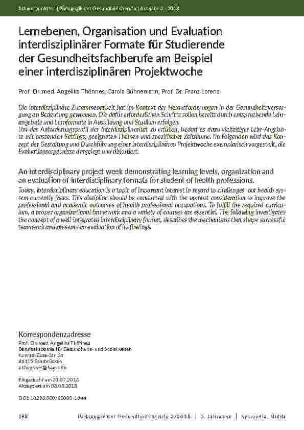 [doc_202079] Lernebenen, Organisation und Evaluation interdisziplinärer Formate für Studierende der Gesundheitsfachberufe am Beispiel einer interdisziplinären Projektwoche