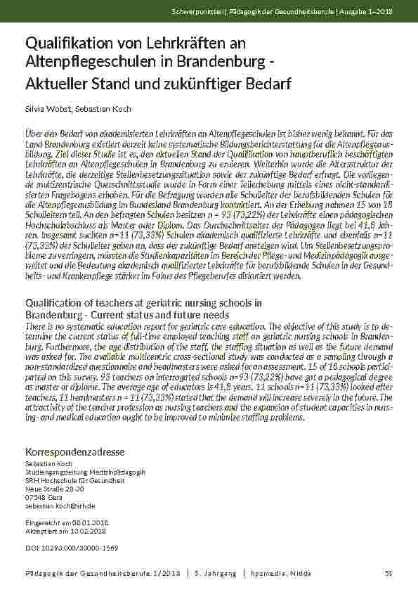 Qualifikation von Lehrkräften an Altenpflegeschulen in Brandenburg - Aktueller Stand und zukünftiger Bedarf