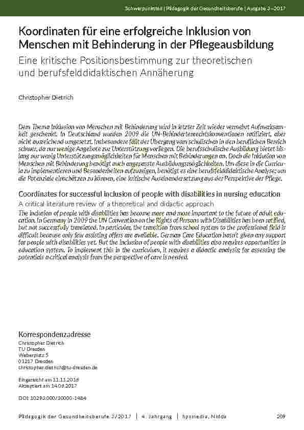 [doc_202032] Koordinaten für eine erfolgreiche Inklusion von Menschen mit Behinderung in der Pflegeausbildung. Eine kritische Positionsbestimmung zur theoretischen und berufsfelddidaktischen Annäherung
