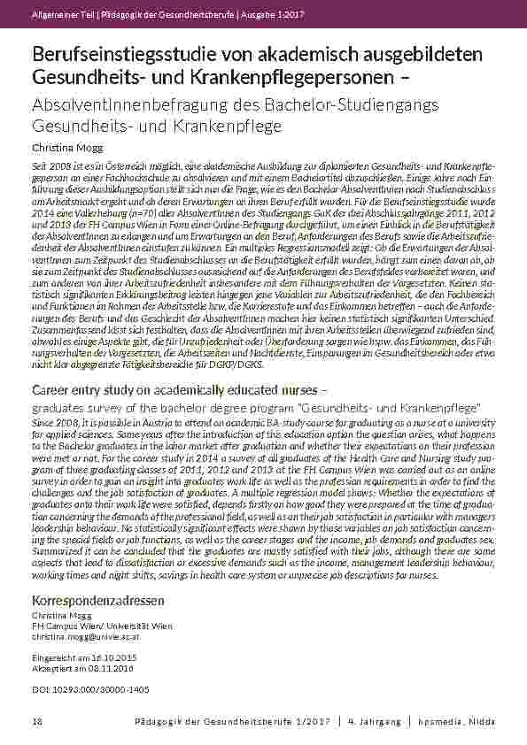 Berufseinstiegsstudie von akademisch ausgebildeten Gesundheitsund Krankenpflegepersonen – AbsolventInnenbefragung des Bachelor-Studiengangs Gesundheitsund Krankenpflege