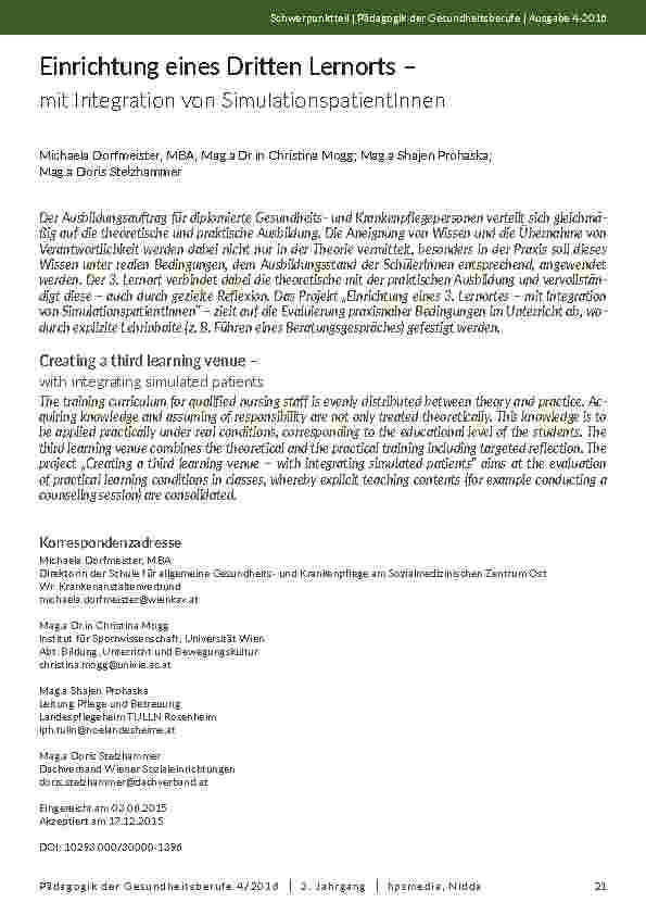 [doc_201998] Einrichtung eines Dritten Lernorts – mit Integration von SimulationspatientInnen