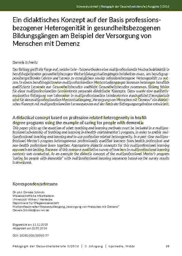 Ein didaktisches Konzept auf der Basis professionsbezogener Heterogenität in gesundheitsbezogenen Bildungsgängen am Beispiel der Versorgung von Menschen mit Demenz