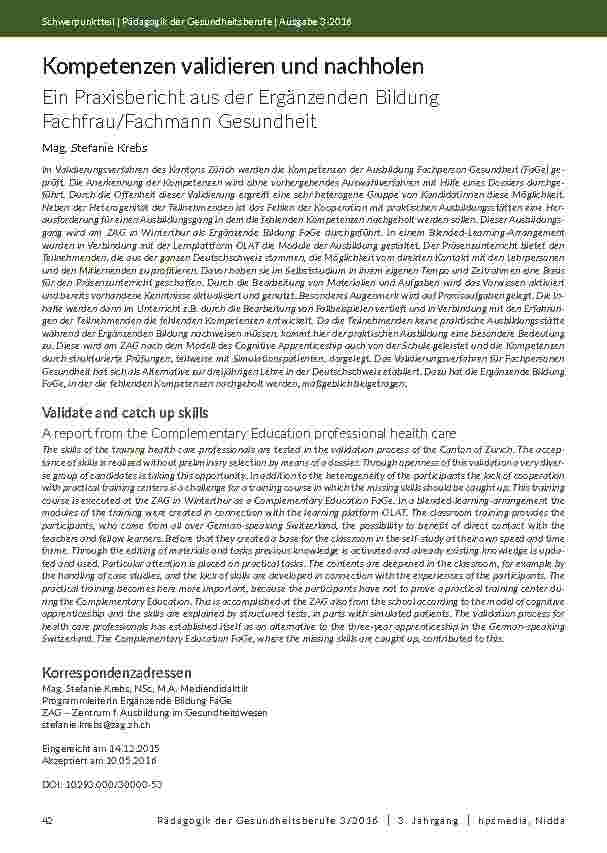 [doc_201986] Kompetenzen validieren und nachholen. Ein Praxisbericht aus der Ergänzenden Bildung Fachfrau/Fachmann Gesundheit
