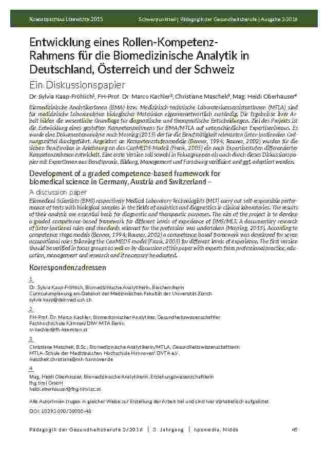 Entwicklung eines Rollen-Kompetenz- Rahmens für die Biomedizinische Analytik in Deutschland, Österreich und der Schweiz. Ein Diskussionspapier