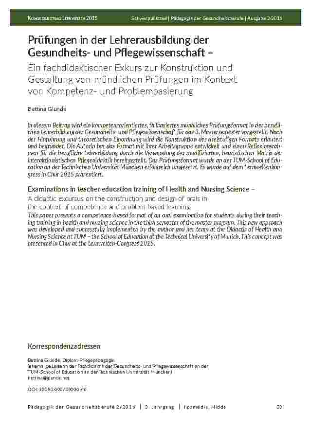 Prüfungen in der Lehrerausbildung der Gesundheitsund Pflegewissenschaft – Ein fachdidaktischer Exkurs zur Konstruktion und Gestaltung von mündlichen Prüfungen im Kontext von Kompetenzund Problembasierung
