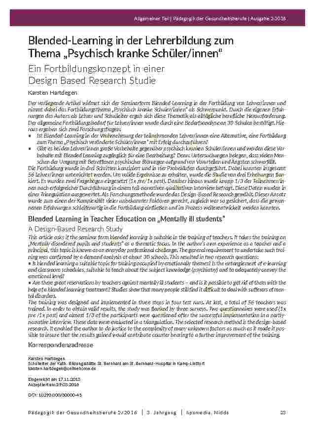 Blended-Learning in der Lehrerbildung zum Thema „Psychisch kranke Schüler/innen“. Ein Fortbildungskonzept in einer Design Based Research Studie