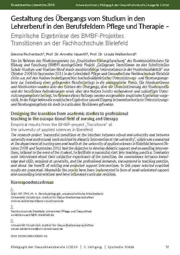 Gestaltung des Übergangs vom Studium in den Lehrerberuf in den Berufsfeldern Pflege und Therapie – Empirische Ergebnisse des BMBF-Projektes Transitionen an der Fachhochschule Bielefeld
