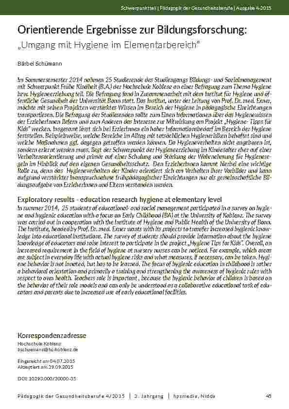 [doc_201955] Orientierende Ergebnisse zur Bildungsforschung: „Umgang mit Hygiene im Elementarbereich“