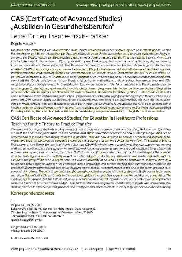 CAS (Certificate of Advanced Studies) „Ausbilden in Gesundheitsberufen“ Lehre für den Theorie-Praxis-Transfer