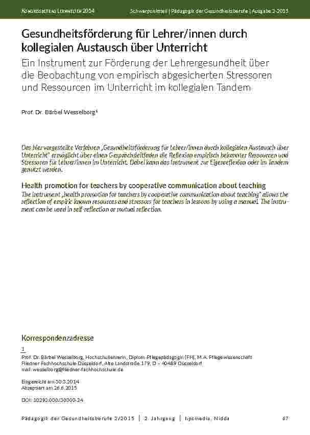 Gesundheitsförderung für Lehrer/innen durch kollegialen Austausch über Unterricht Ein Instrument zur Förderung der Lehrergesundheit über die Beobachtung von empirisch abgesicherten Stressoren und Ressourcen im Unterricht im kollegialen Tandem