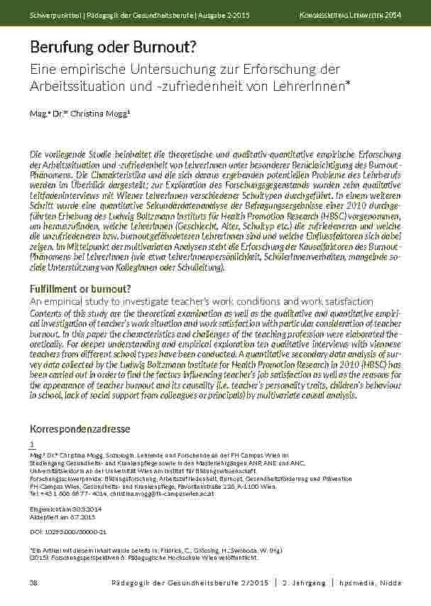 Berufung oder Burnout? Eine empirische Untersuchung zur Erforschung der Arbeitssituation und -zufriedenheit von LehrerInnen