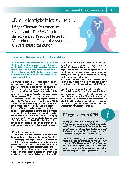 Die Leichtigkeit ist zurück … Pflege für trans Personen im Akutspital – Die Schlüsselrolle der Advanced Practice Nurse für Menschen mit Genderdysphorie im Universitätsspital Zürich