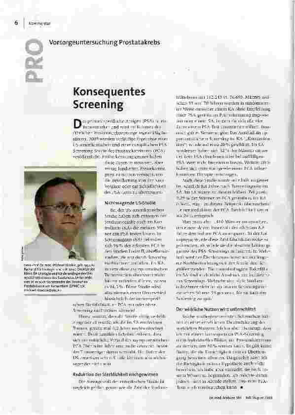[doc_118718] Vorsorgeuntersuchung Prostatakrebs Konsequentes Screening Hohe Hürde für PSA-Test