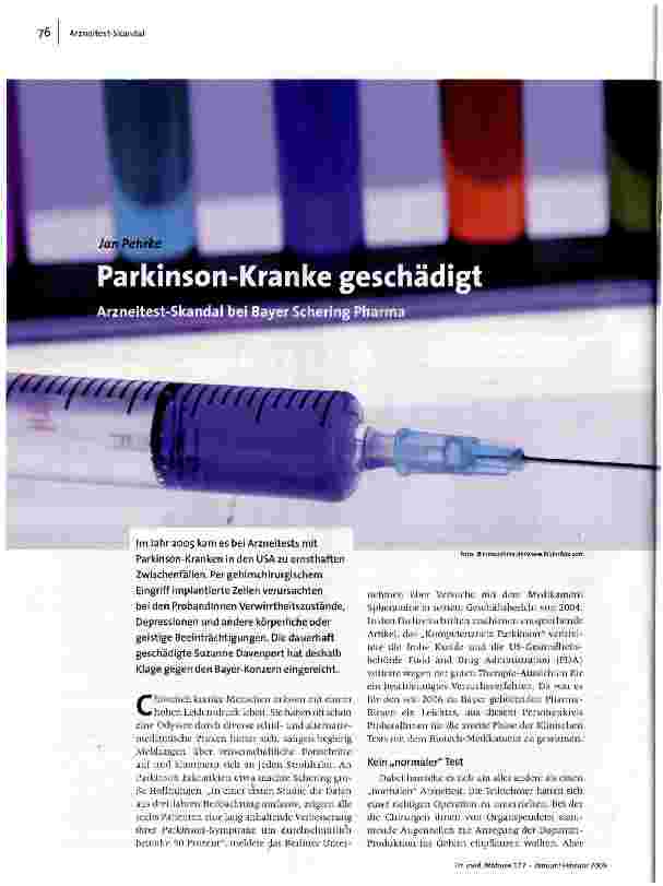 [doc_107413] Parkinson-Kranke geschädigt Arzneitest-Skandal bei Bayer Schering Pharma