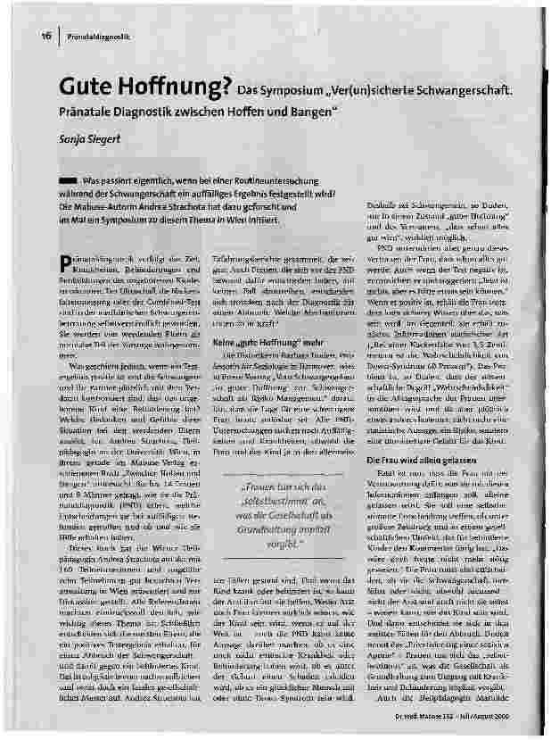 [doc_93043] Gute Hoffnung? Das Symposium Ver(un)sicherte Schwangerschaft. Pränatale Diagnostik zwischen Hoffen und Bangen