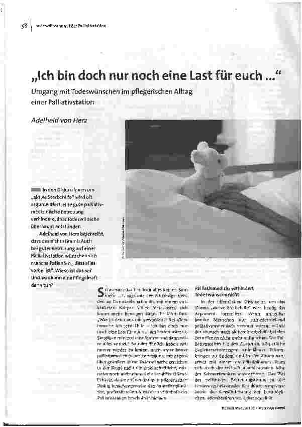 [doc_89753] Ich bin doch nur noch eine Last für euch ...Umgang mit Todeswünschen im pflegerischen Alltag einer Palliativstation