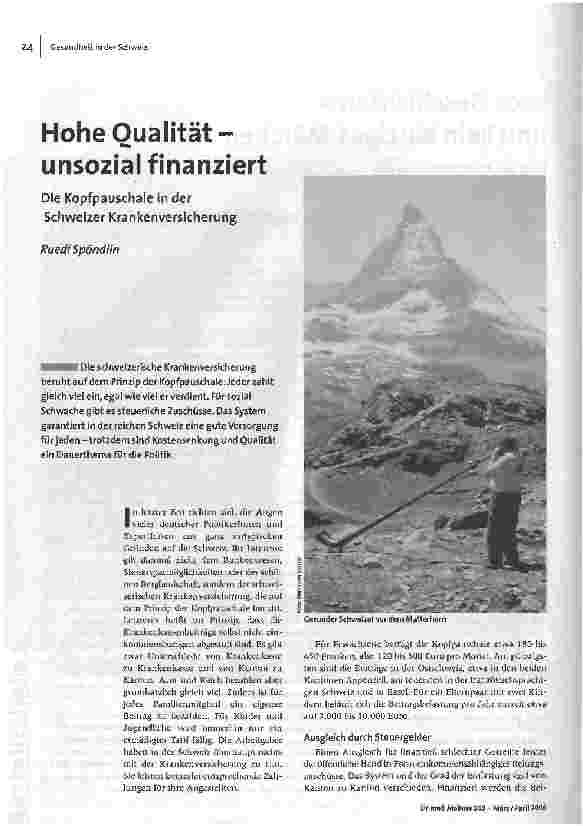 [doc_89746] Hohe Qualität-unsozial finanziertDie Kopfpauschale in der Schweizer Krankenversicherung