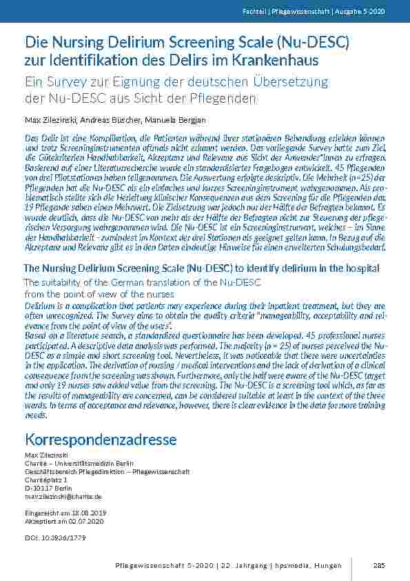 [doc_205608] Die Nursing Delirium Screening Scale (Nu-DESC) zur Identifikation des Delirs im Krankenhaus. Ein Survey zur Eignung der deutschen Übersetzung der Nu-DESC aus Sicht der Pflegenden.