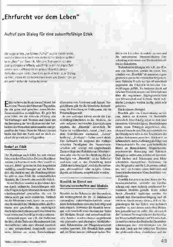 [doc_55379] Ehrfurcht vor dem Leben Aufruf zum Dialog für eine zukunftsfähige Ethik