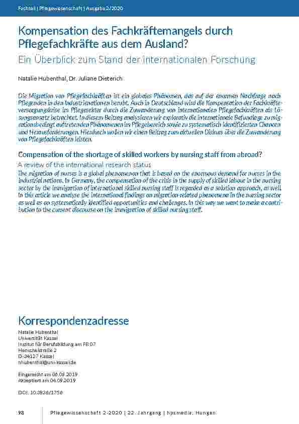 [doc_201828] Kompensation des Fachkräftemangels durch Pflegefachkräfte aus dem Ausland? Ein Überblick zum Stand der internationalen Forschung