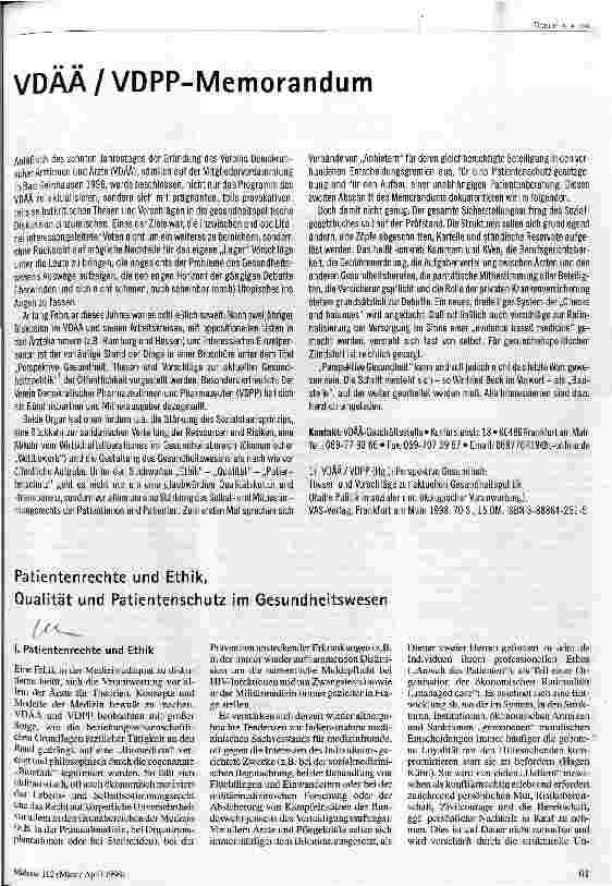VDÄÄ/VDPP-Memorandum Patientenrechte und Ethik, Qualität und Patientenschutz