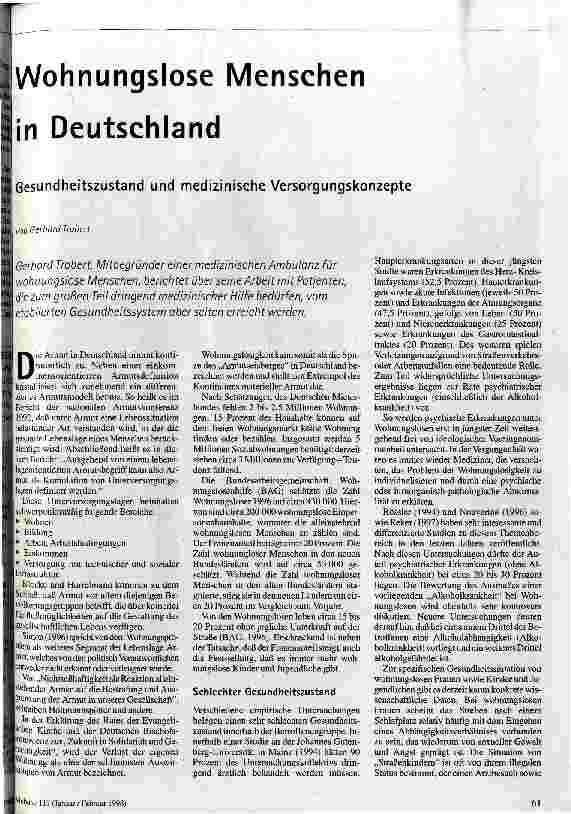 Wohnungsose Menschen in Deutschland Gesundheitszustand und medizinische Versorgungskonzepte