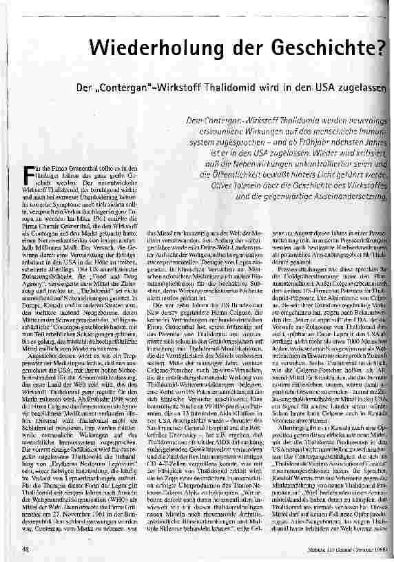 [doc_44189] Wiederholung der Geschichte? Der Contergan-Wirkstoff Thalidomid wird in den USA zugelassen