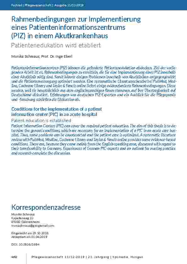 [doc_201811] Rahmenbedingungen zur Implementierung eines Patienteninformationszentrums (PIZ) in einem Akutkrankenhaus