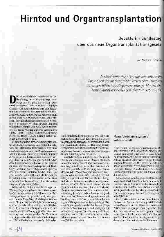 [doc_40769] Hirntod und Organtransplantation Debatte im Bundestag über das neue Organtransplantationsgesetz