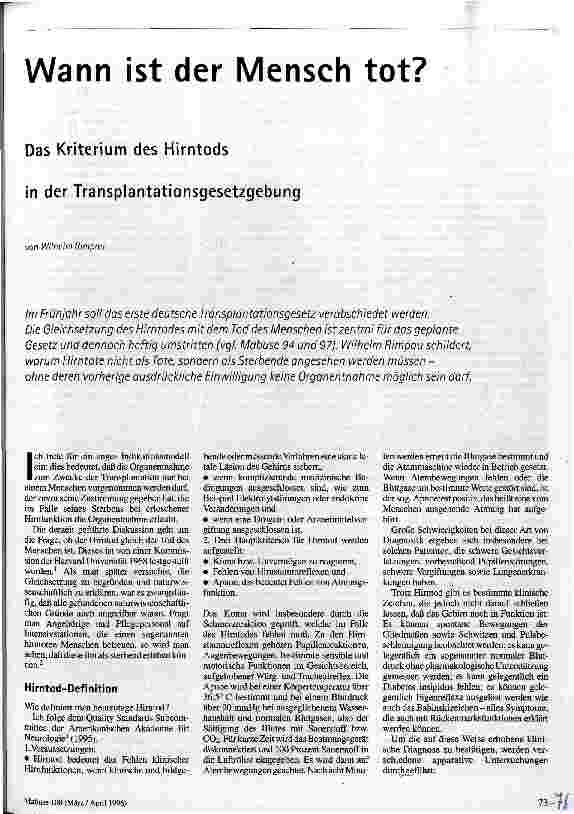 [doc_37123] Wann ist der Mensch tot? Das Kriterium des Hirntods in der Transplantationsgesetzgebung